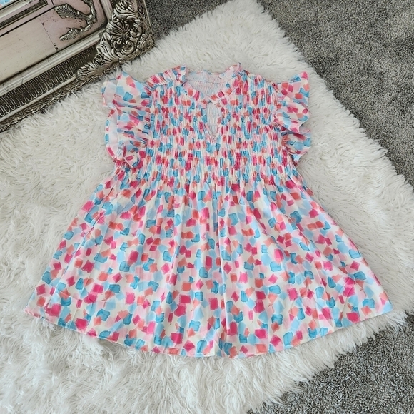 Sky Blue Shirred Yoke Ruffled Abstract Printed Blouse. Stretchy. Size M - Picture 2 of 9